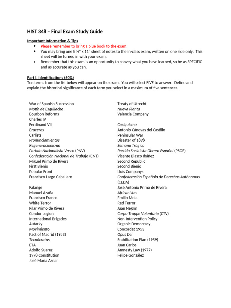 Final Exam Study Guide 2025 | PDF | Francisco Franco | Francoist Spain