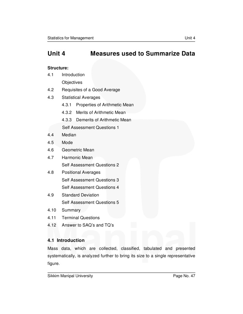 4 Measures Used To Summarise Data | PDF | Arithmetic Mean | Median