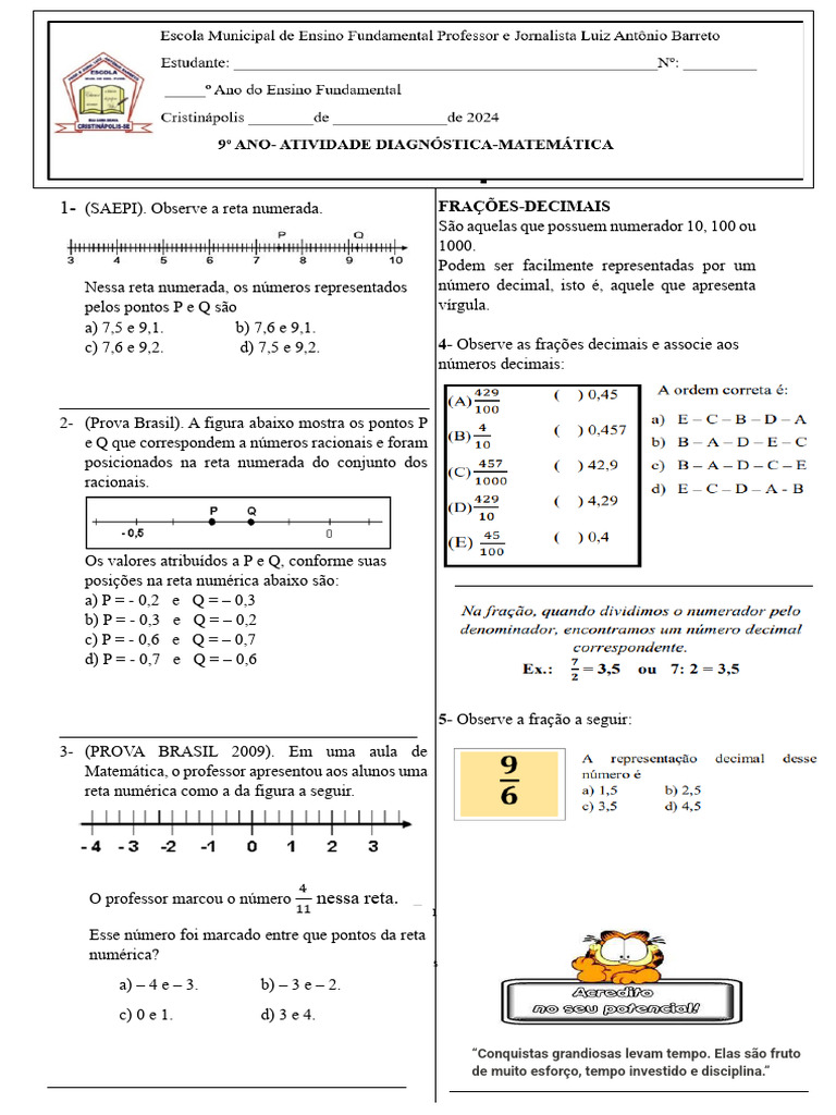 Exercícios sobre Reta Numérica 9º Ano | PDF | Número racional | Decimal