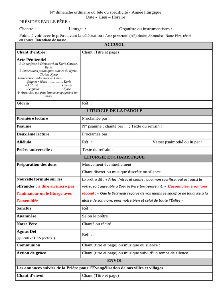 Feuille de messe pour dimanche ordinaire | PDF | Liturgie et culte ...