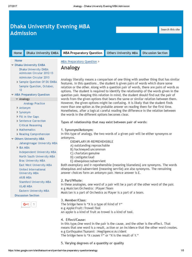 Dhaka University EMBA Analogy Guide | PDF | Analogy
