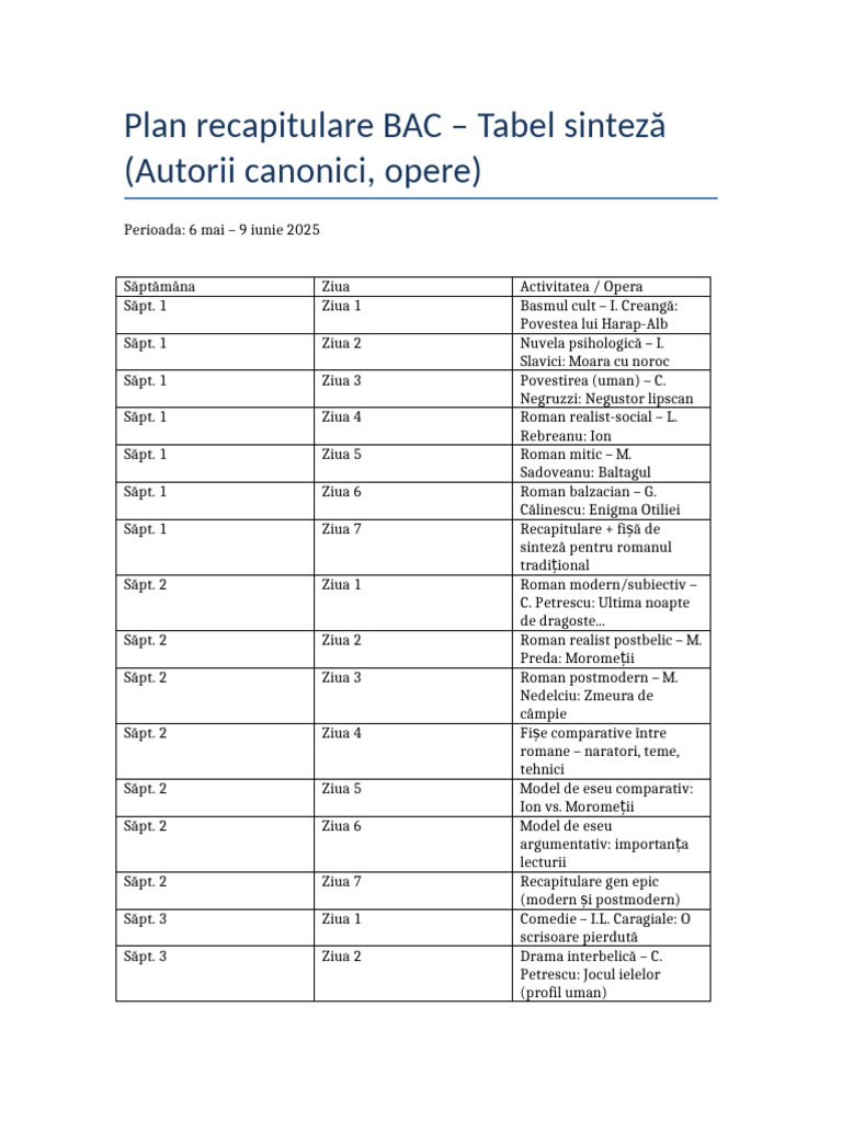 Plan BAC Tabel Sinteza | PDF