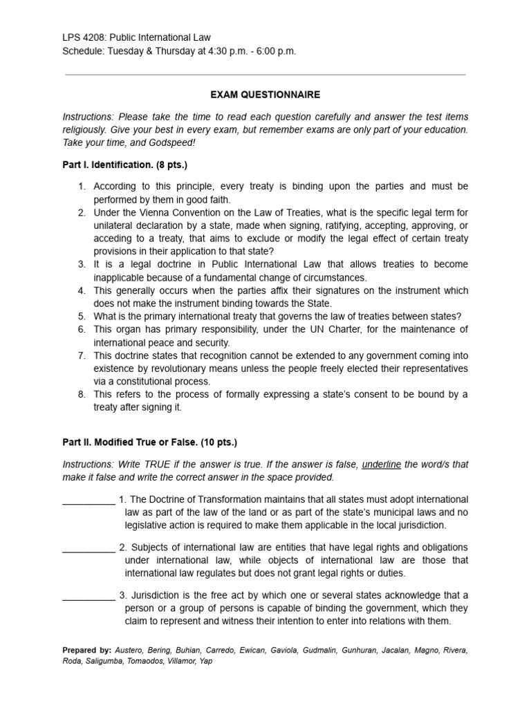 Public International Law Exam Guide | PDF | International Law | Treaty