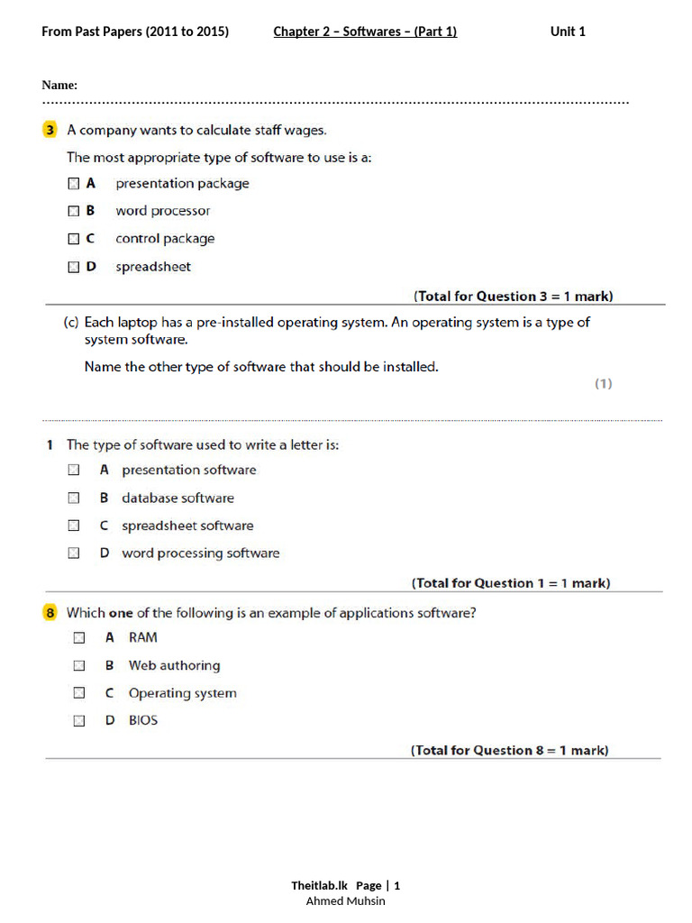 Past Papers: Software Chapter 2 | PDF