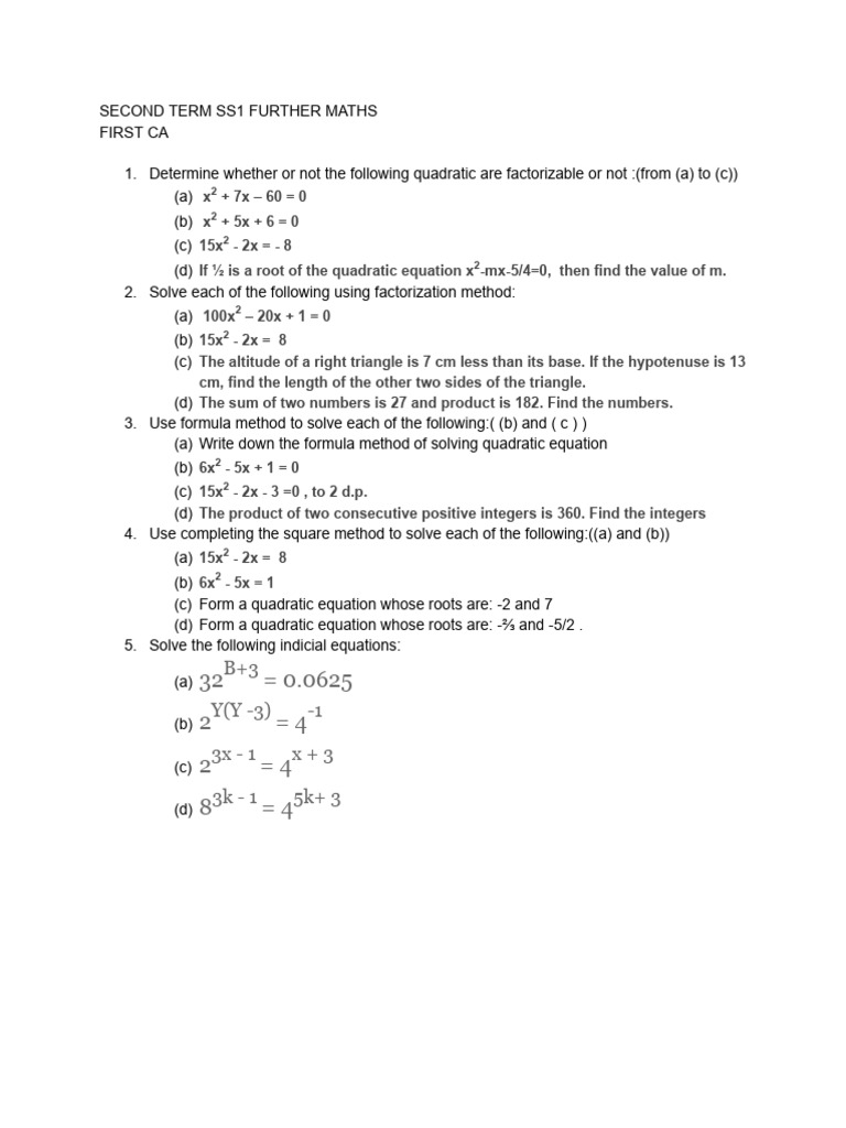 First Ca SS1 Further Maths | PDF