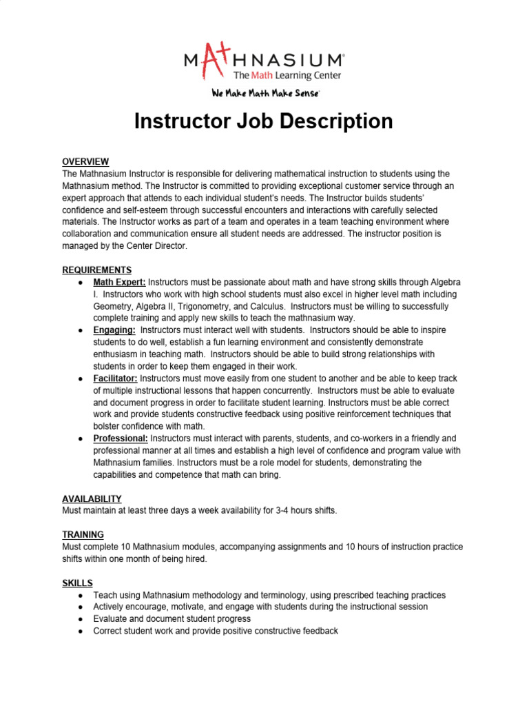 Mathnasium Instructor Job Description | PDF | Mathematics | Behavior ...