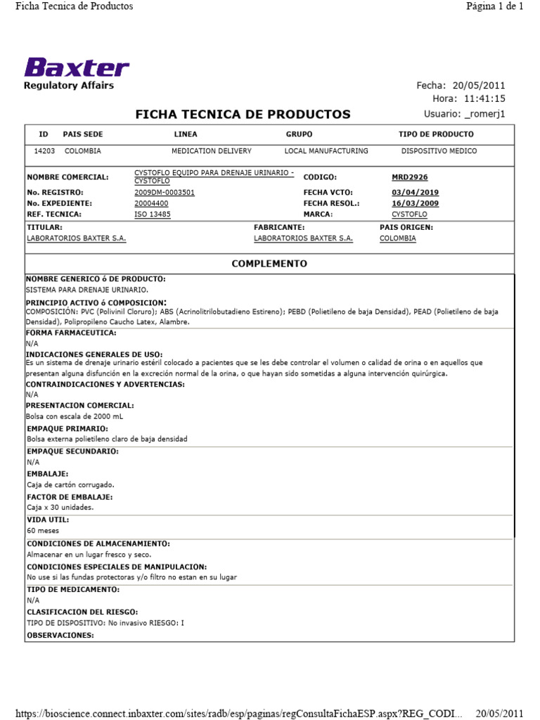 Ficha Técnica del Cystoflo Urinario | PDF