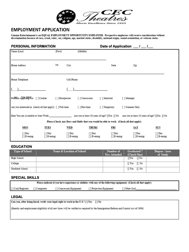 Cinema Entertainment Employment Application | PDF | Human Rights | Justice