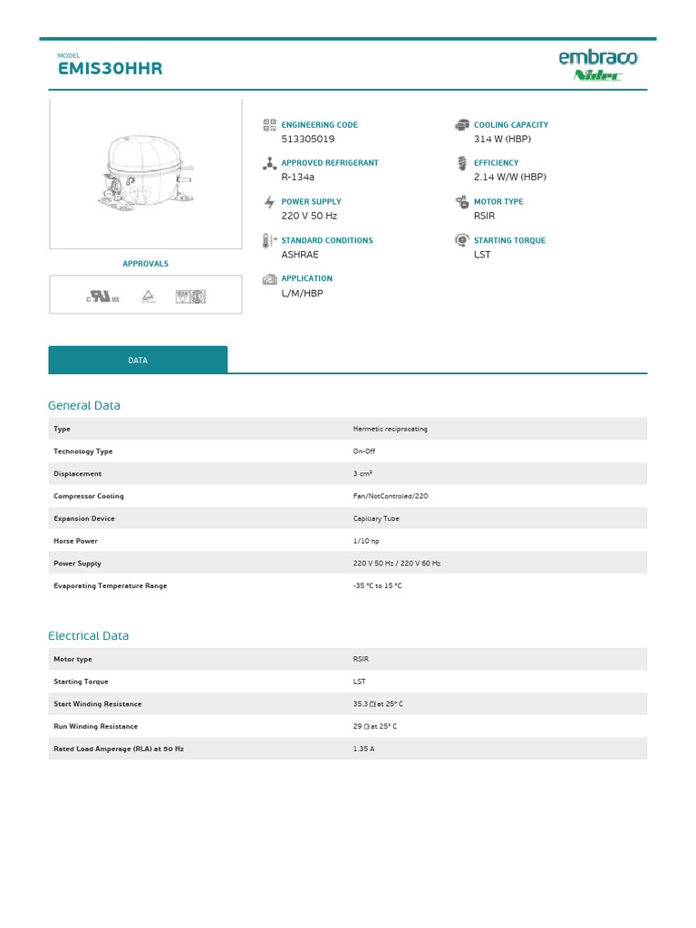 Embraco EMIS30HHR Compressor Data | PDF | Air Conditioning | Electric Motor