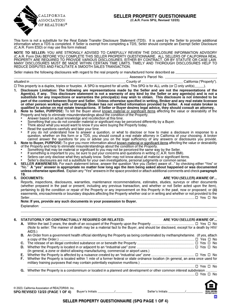 California Seller Property Questionnaire | PDF | National Association ...