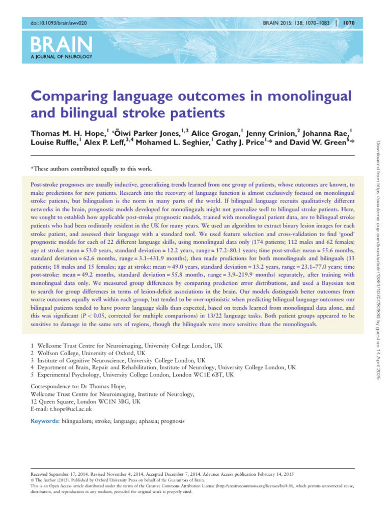 Language Outcomes in Bilingual Stroke Patients | PDF | Aphasia ...