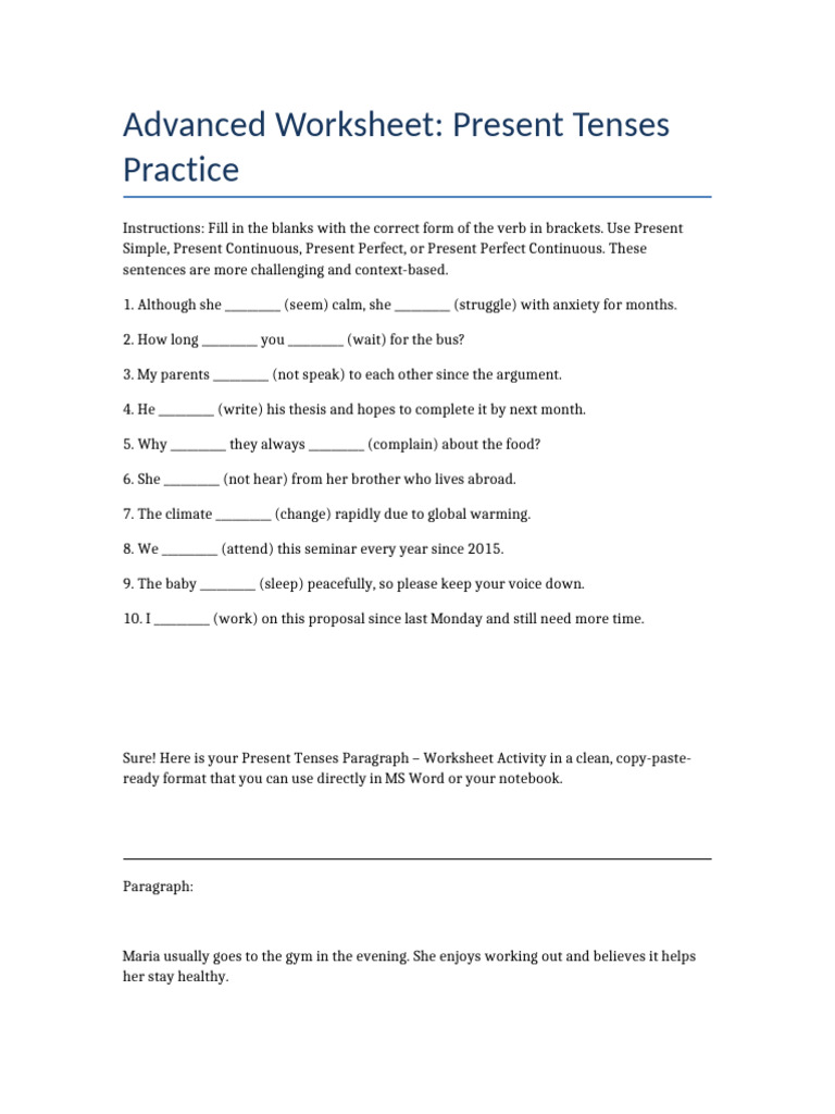 Advanced Present Tenses Worksheet | PDF