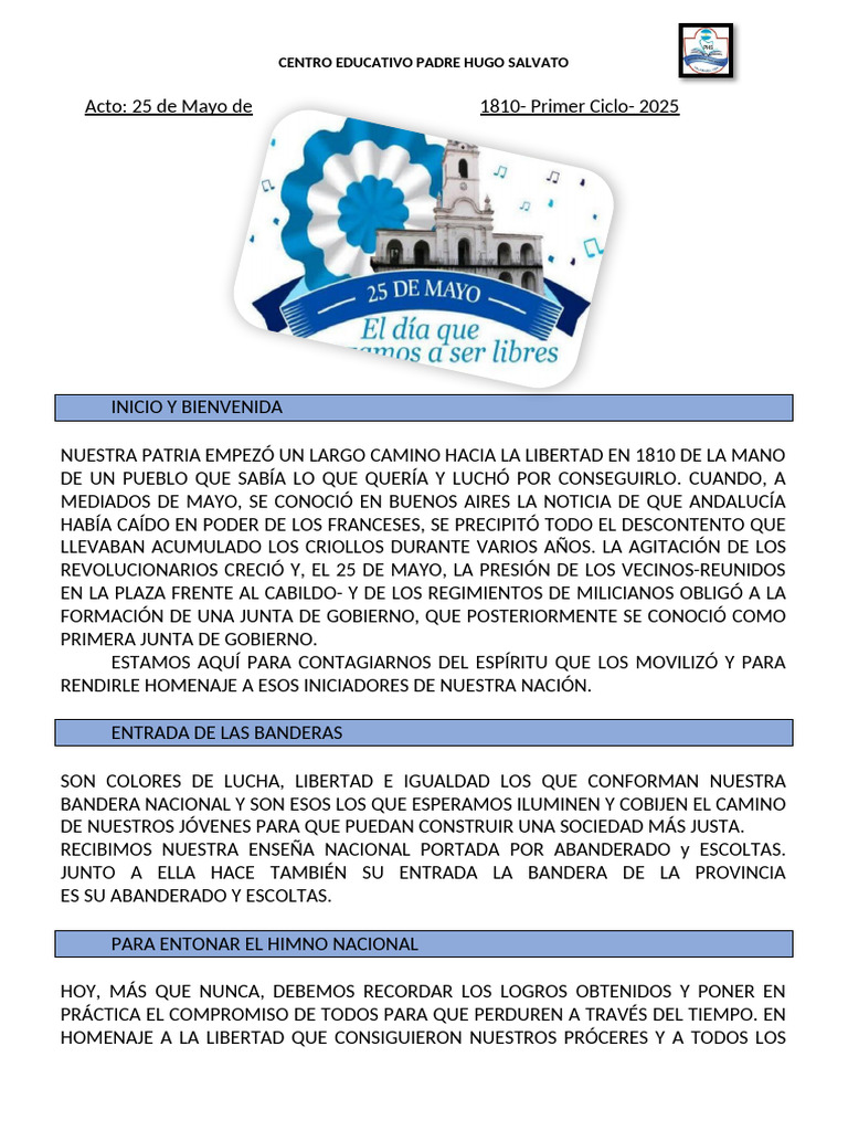 Acto del 25 de Mayo en el Centro Educativo | PDF