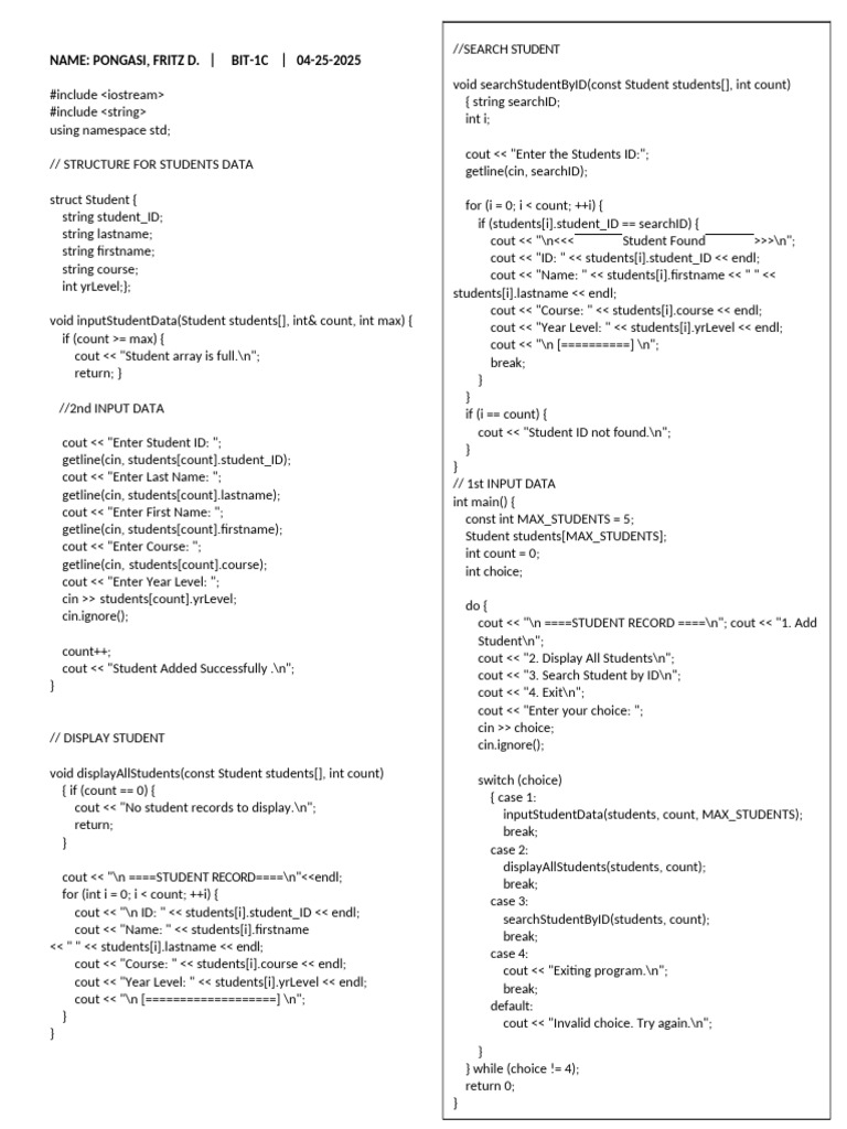 Student Record Management System | PDF | Computer Programming | C++