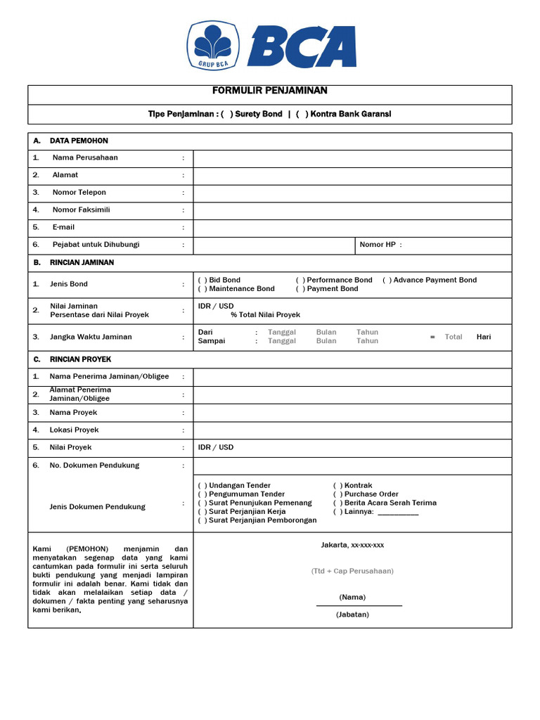 Bonding Application Form ID | PDF