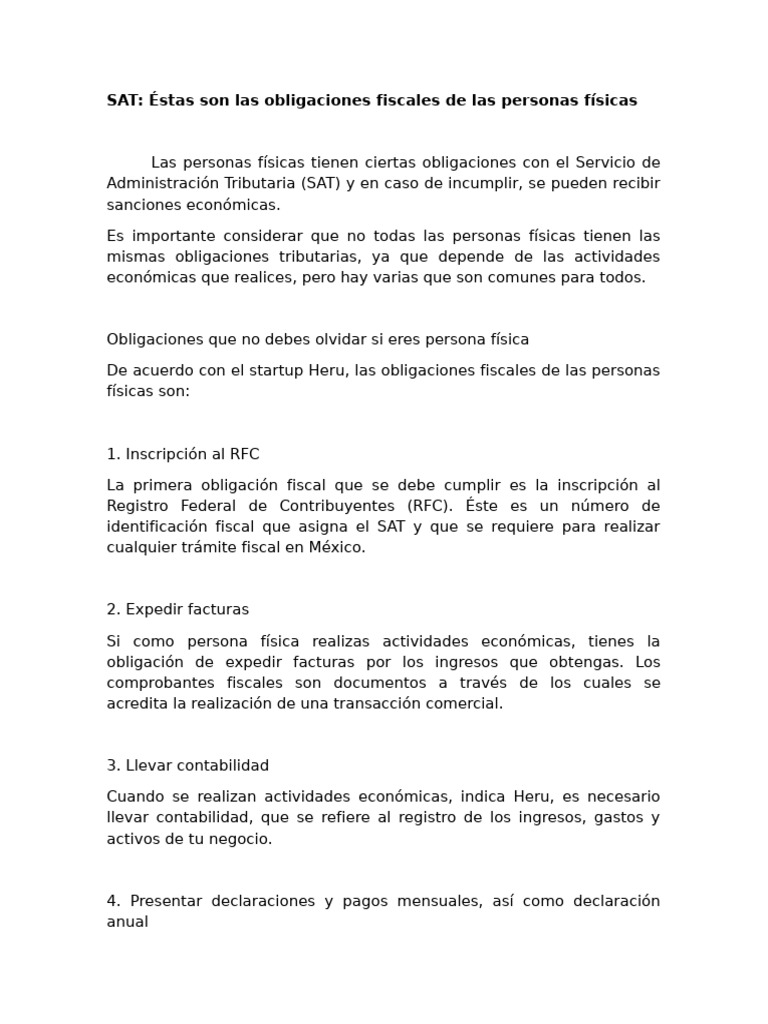 SAT - Éstas Son Las Obligaciones Fiscales de Las Personas Físicas | PDF