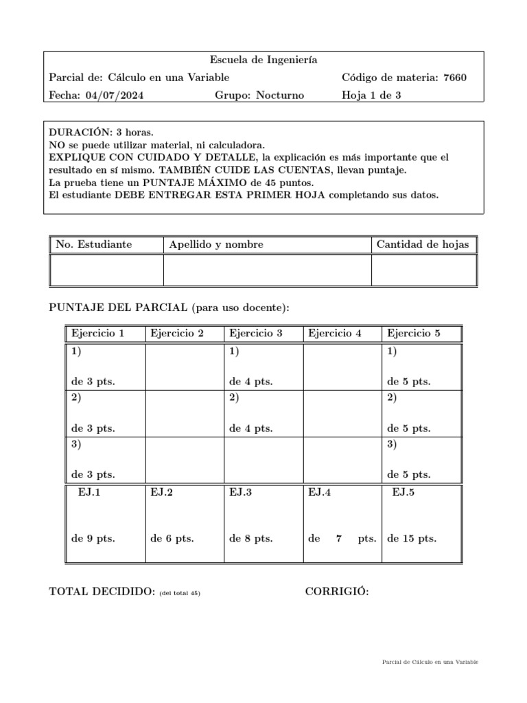 Parcial de Cálculo en una Variable 2024 | PDF | Matemáticas | Análisis ...