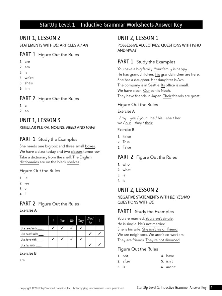 StartUp Level 1 Grammar Answer Key | PDF | Plural | Noun