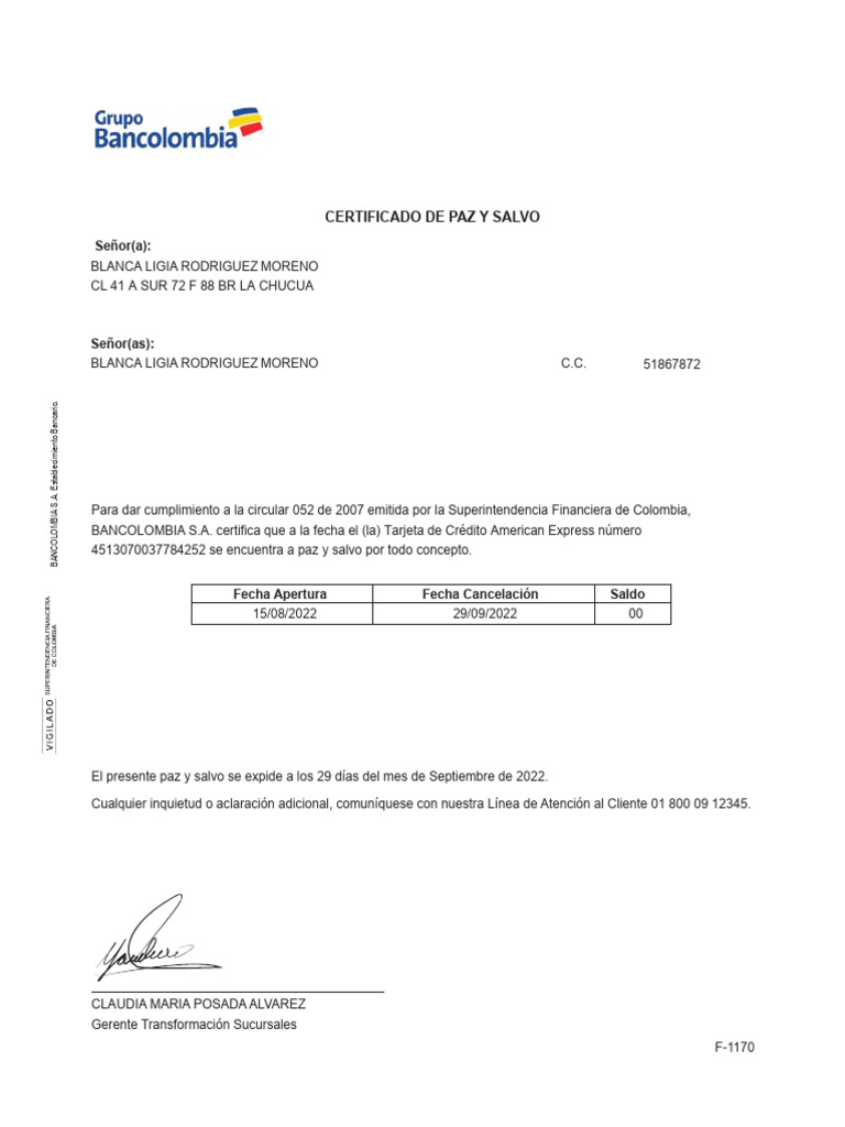 Paz y Salvo Tarjeta American Express | PDF