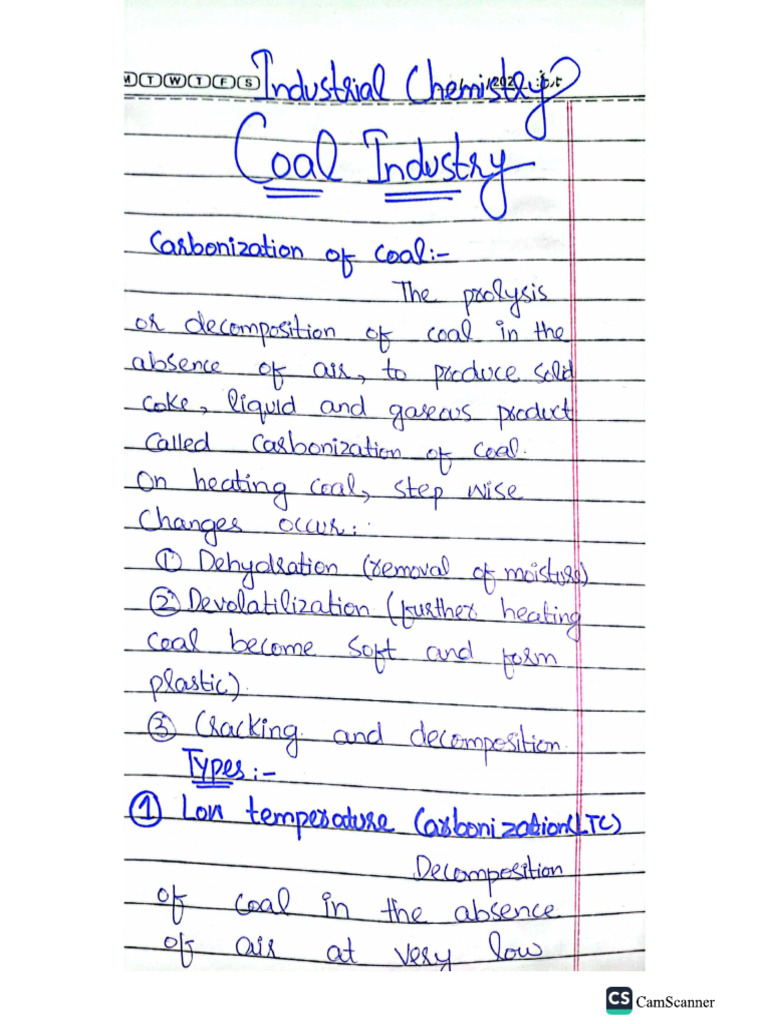 Caol Industry, Carbonization, Coal Gasification Hand Written Notes | PDF