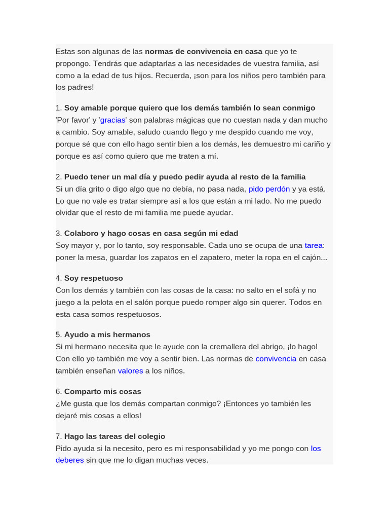Normas de convivencia familiar para niños | PDF