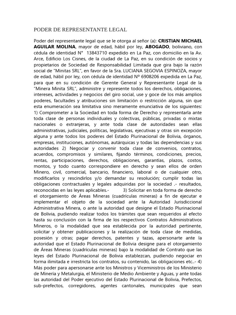 Poder Legal para Representante de Minita SRL | PDF | Minería | Seguro