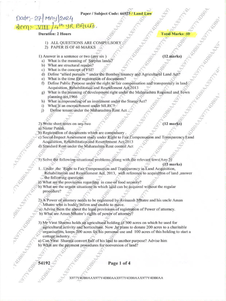 Land Law Exam Paper Overview | PDF