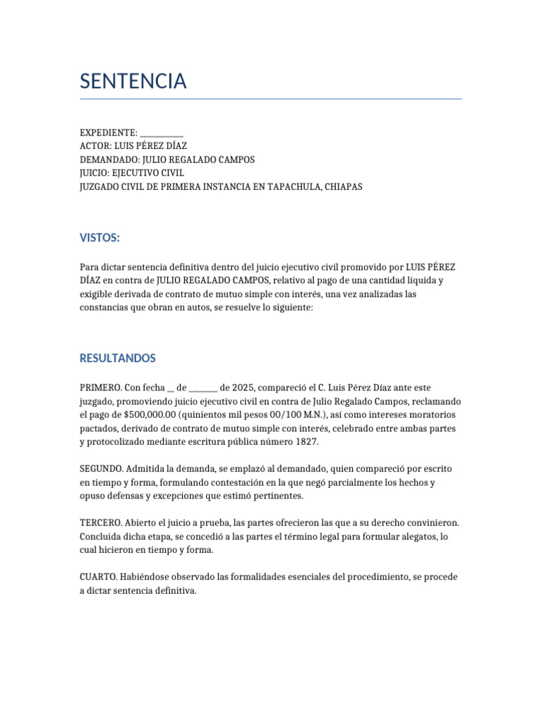 Sentencia Juicio Ejecutivo Civil Tapachula | PDF | Demanda judicial ...