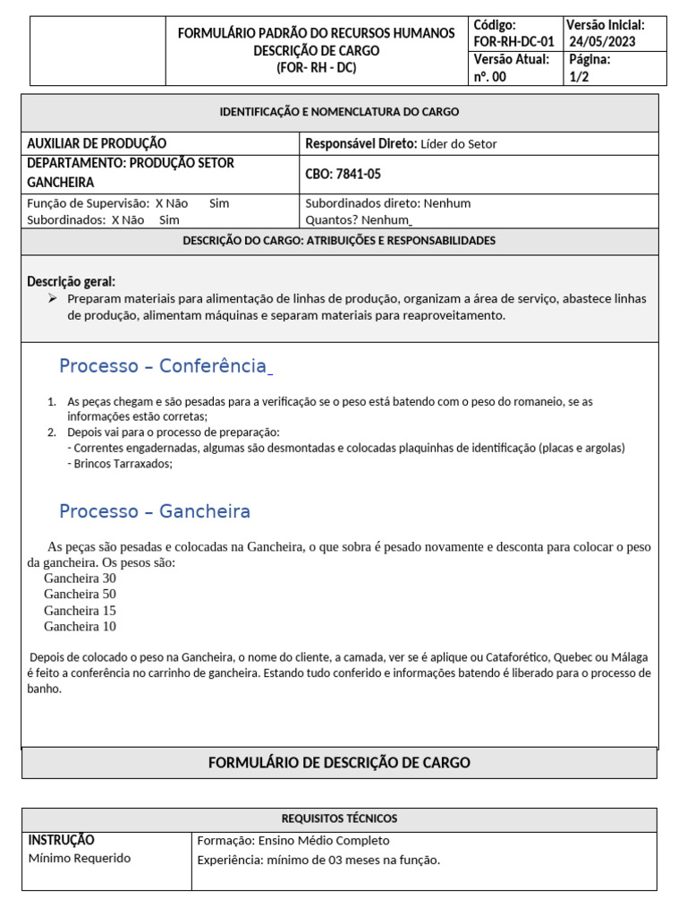 Descrição do Cargo: Auxiliar de Produção | PDF | Gestão de recursos humanos