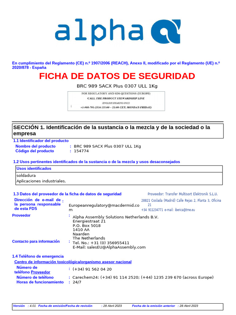 Ficha de Datos de Seguridad SACX0307 | PDF