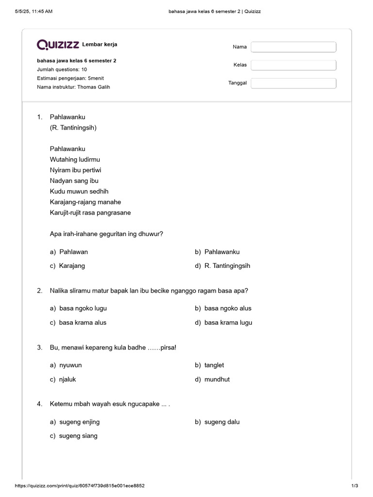 LKS Bahasa Jawa Kelas 6 Semester 2 | PDF