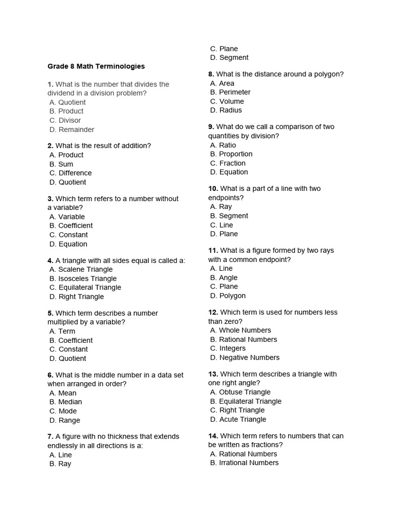 Grade 8 Math Terms and Concepts | PDF | Numbers | Triangle