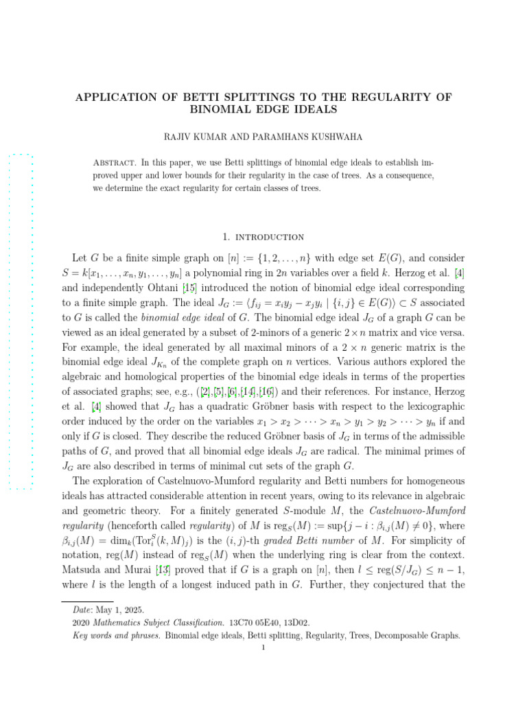 Betti Splittings and Binomial Edge Ideals | PDF | Vertex (Graph Theory ...
