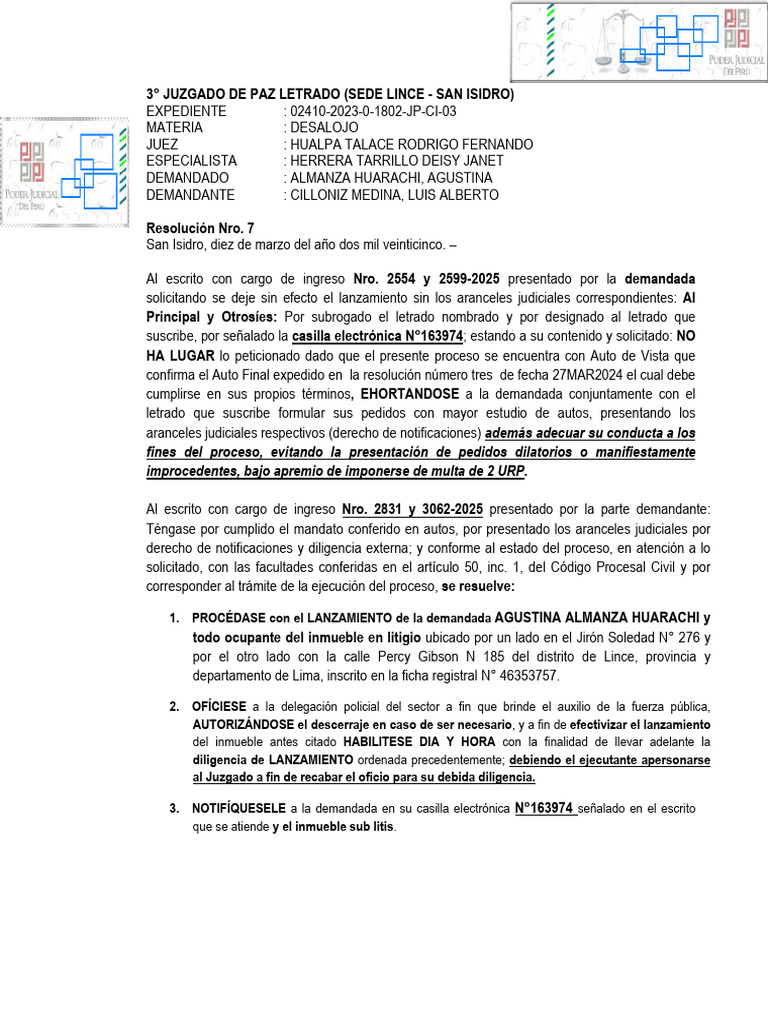 Desalojo en Lince por Hualpa Talace | PDF | Judicaturas | Gobierno