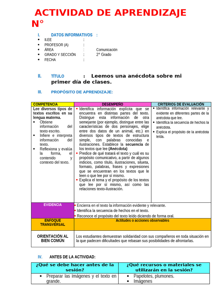 Sesión Leemos Una ANECDOTA Sobre Mi Primer Dia | PDF | Información ...