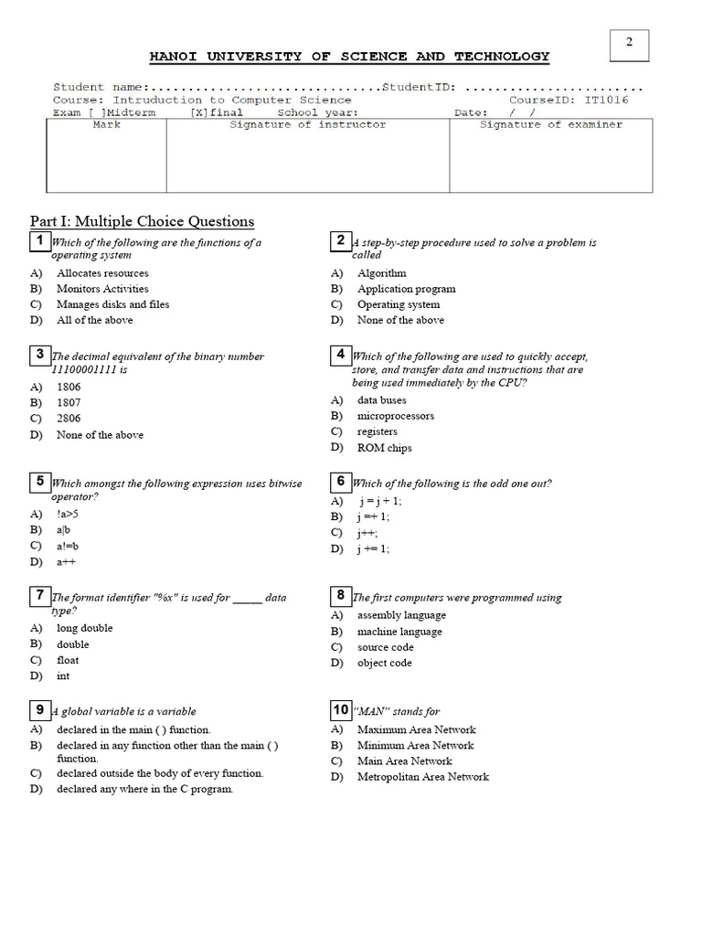 Part I: Multiple Choice Questions | PDF | Integer (Computer Science ...