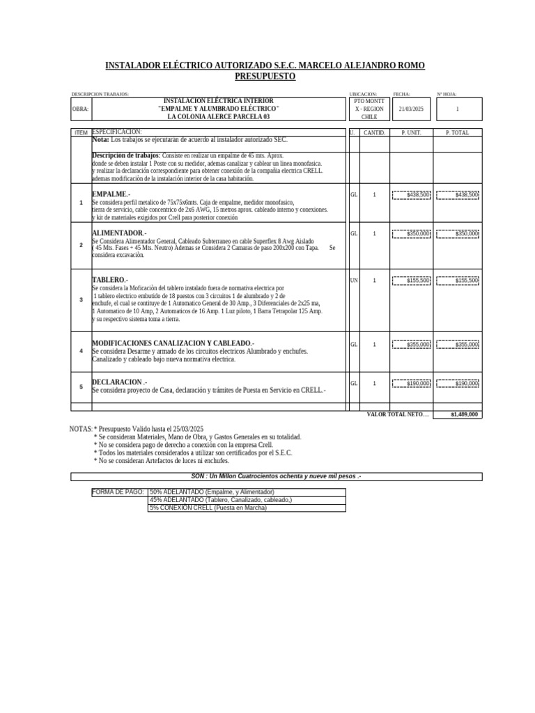 Presupuesto La Colonia Km5 Patricio Parcela 3 | PDF | Energia electrica ...