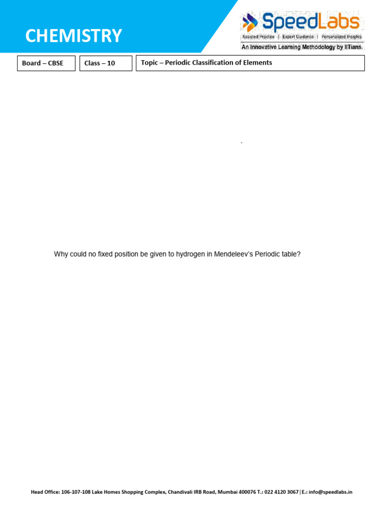 Important Questions on Periodic Classification | PDF | Periodic Table ...
