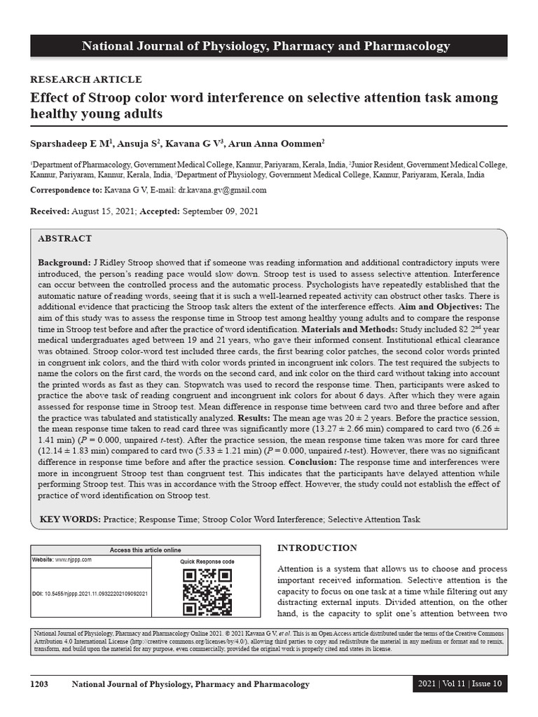 Stroop Test and Selective Attention Study | PDF | Psychological ...