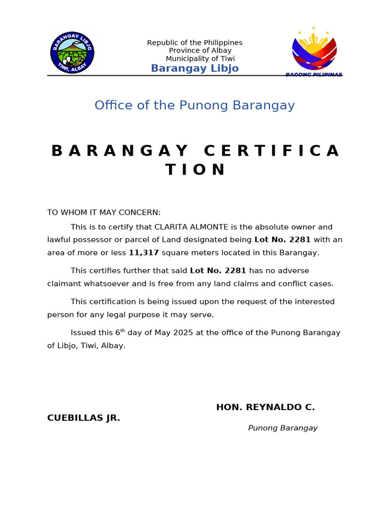 Barangay Certification of Land Ownership | PDF