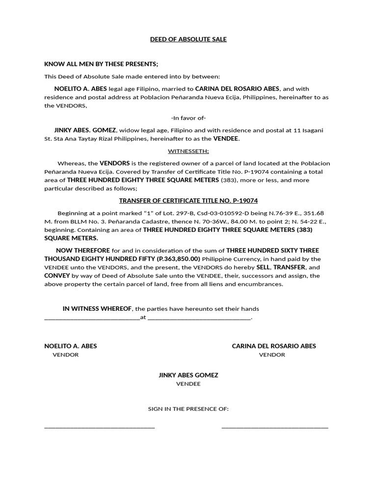 Deed of Absolute Sale for Land TCT P-19074 | PDF | Deed | Common Law