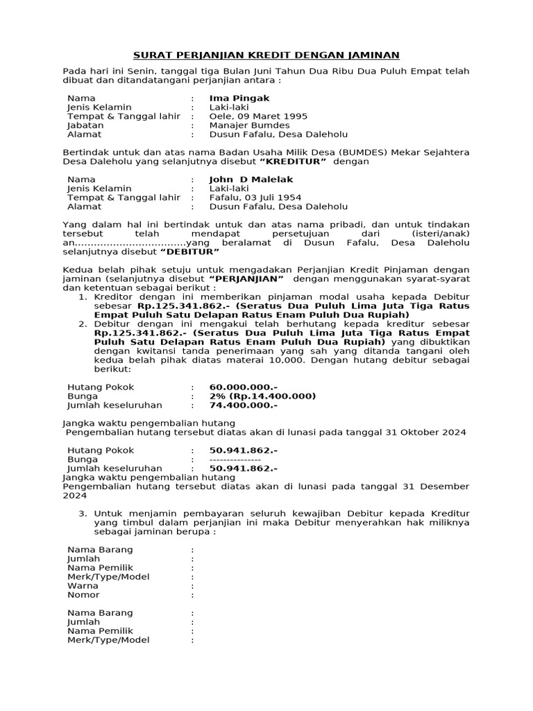 Surat Perjanjian Kredit Dengan Jaminan | PDF