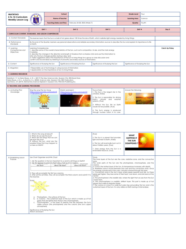 Grade 4 Science Lesson on the Sun | PDF | Sun | Stars