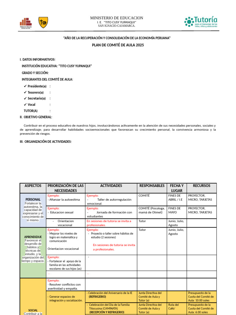 Plan de Comité de Aula 2025 | PDF | Aprendizaje | Cognición