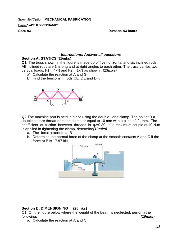 Applied Mechanics Exam Questions | PDF | Beam (Structure) | Truss