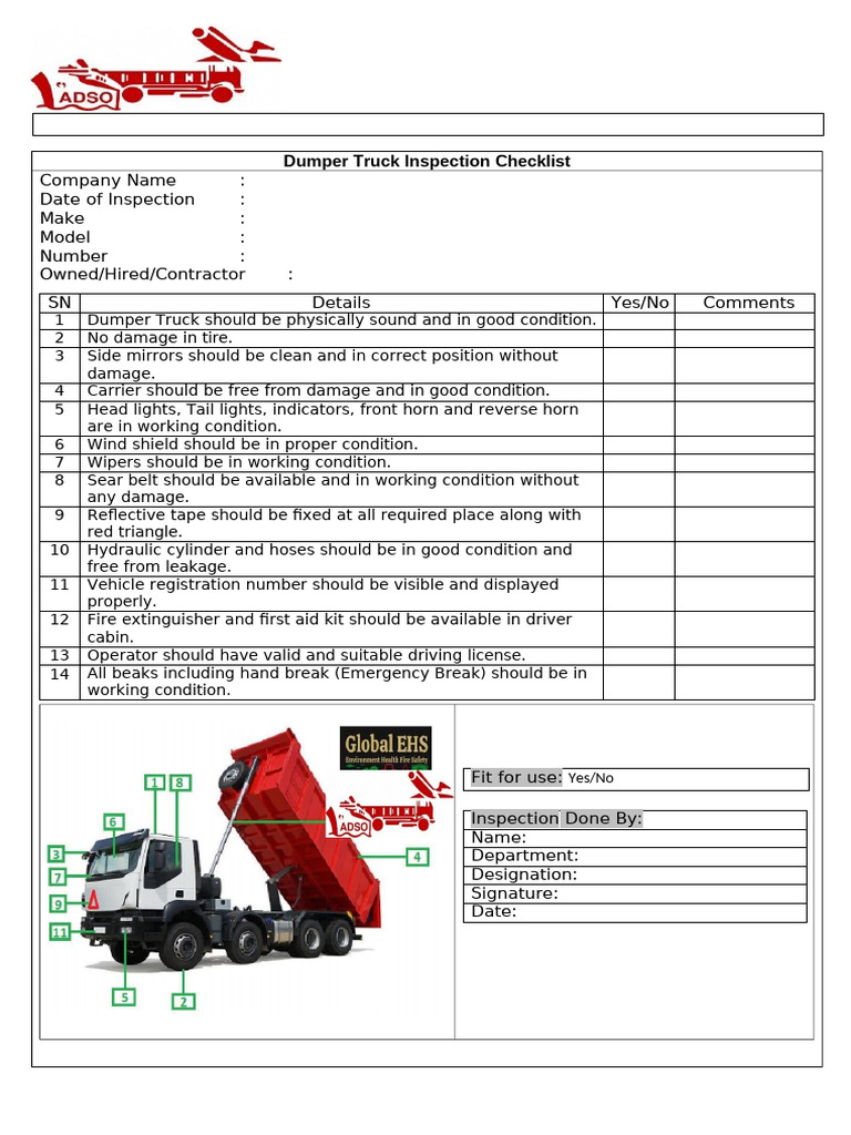 Dumper Truck Inspection Checklist | PDF