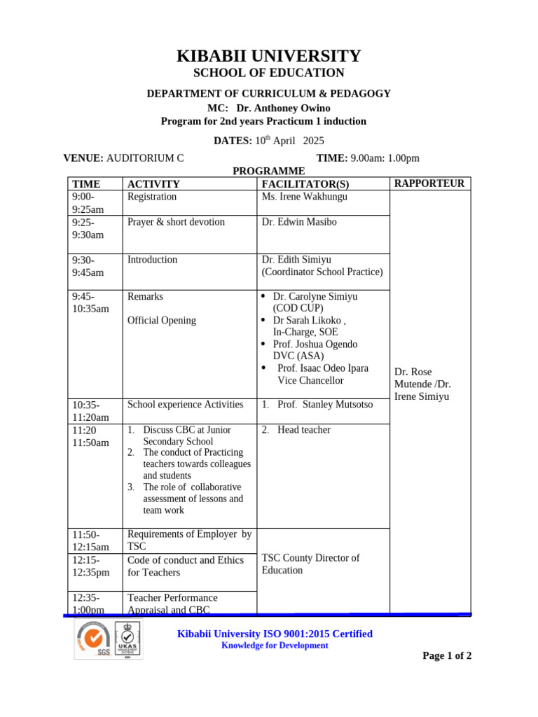 Kibabii University Practicum Induction 2025 | PDF | Learning | Intelligence