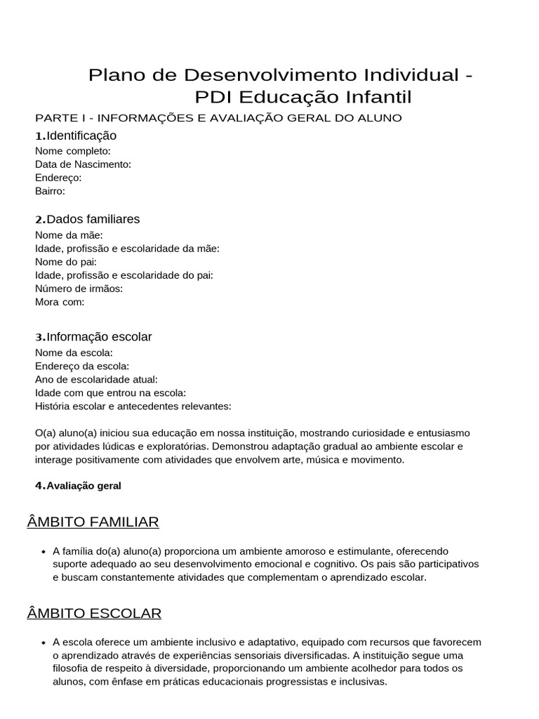 PDI para Educação Infantil: Avaliação e Ações | PDF | Pedagogia ...