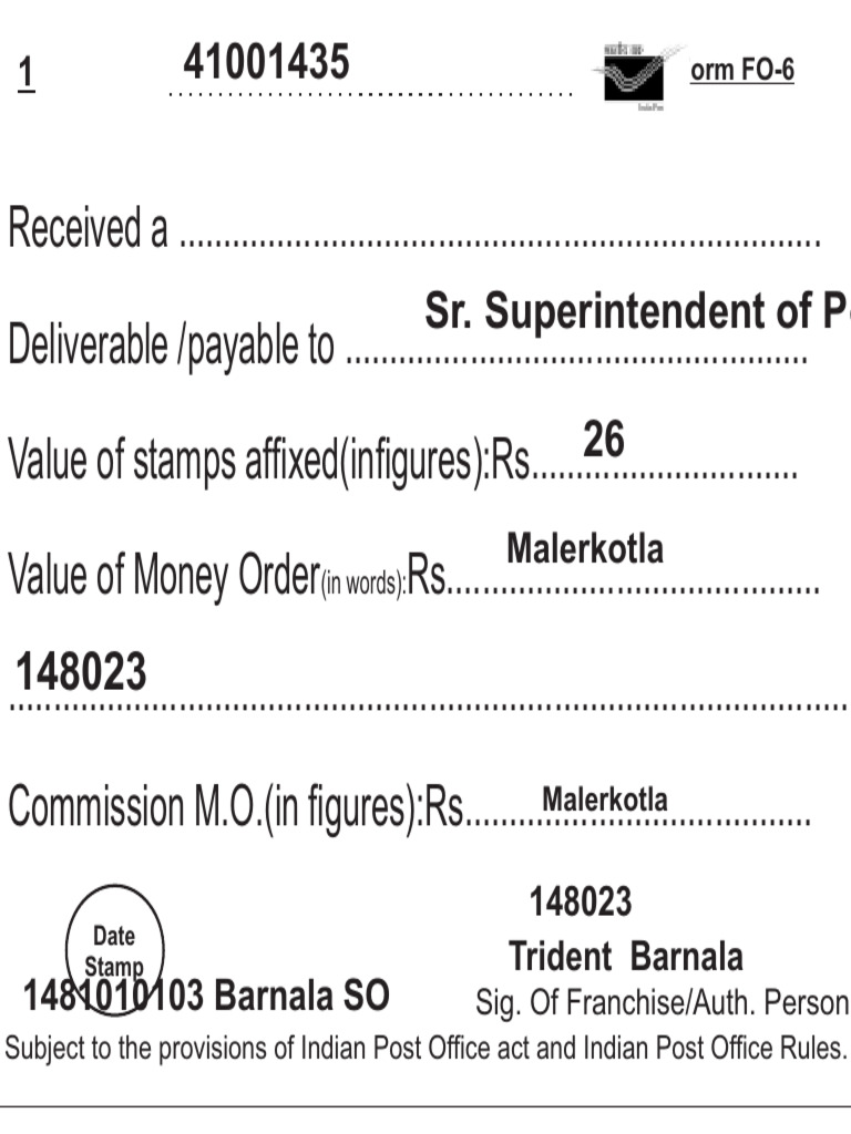 Indian Post Office Money Order Form FO-6 | PDF | Service Industries ...