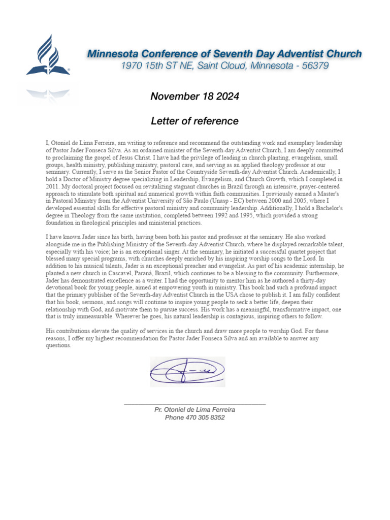 Jader Silva's Letter of Reference - Tony | PDF | Seminary | Seventh Day ...